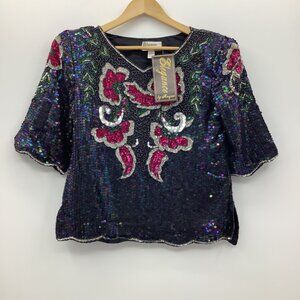 Vintage 80s Elegance by Anujan Black Silk Sequin Floral Blouse Medium NEW